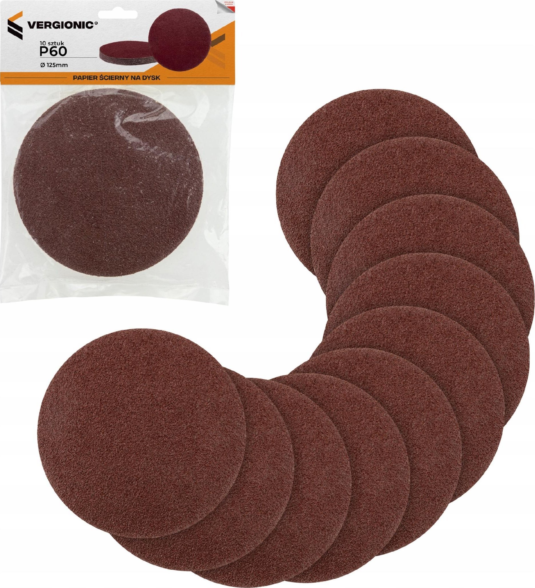 VERGIONIC PAPIER ŚCIERNY RZEP KRĘZKI ŚCIERNE NA DYSK 125 MM P40 ZESTAW 10 szt.