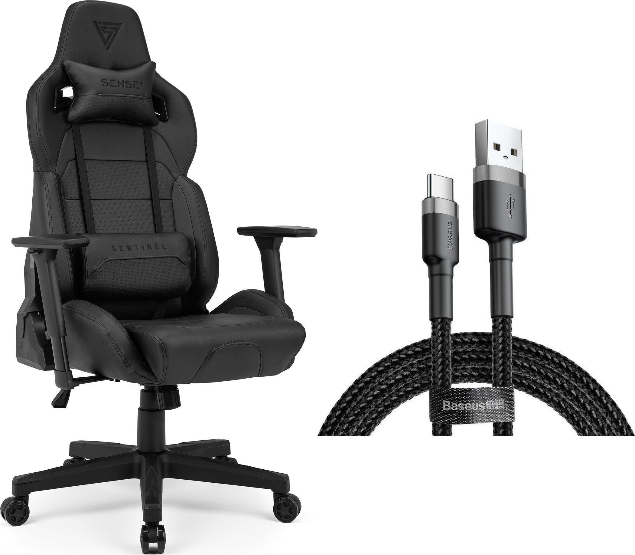 Fotel SENSE7 Sentinel - skórzany, czarny + kabel usb