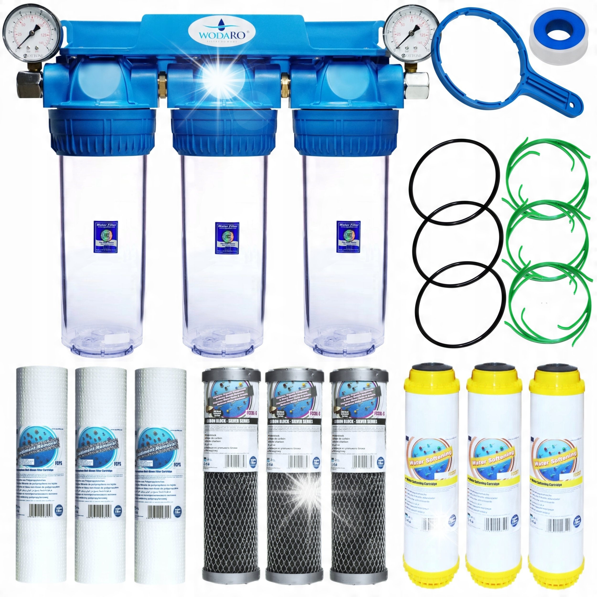 Zmiękczacz wody Aquafilter FILTR DO WODY WSTĘPNY NA CAŁY DOM 3 STOPNIOWY ZMIĘKCZACZ + ZESTAW FILTRÓW
