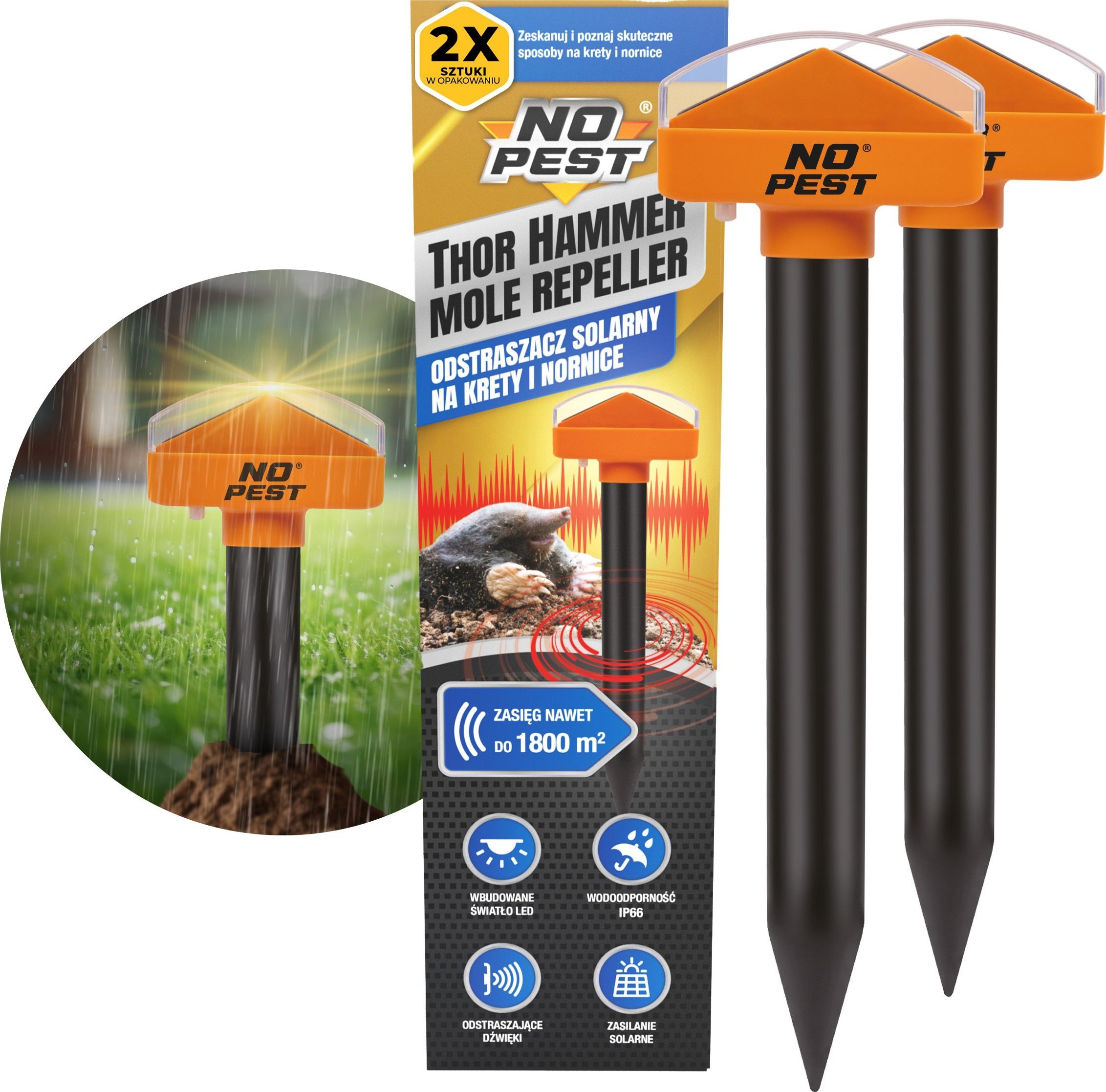 NO PEST Solarny Ultradźwiękowy Odstraszacz Kretów (2 szt) Thor Hammer Odstraszacz na Krety Nornice Węże do 1800 m