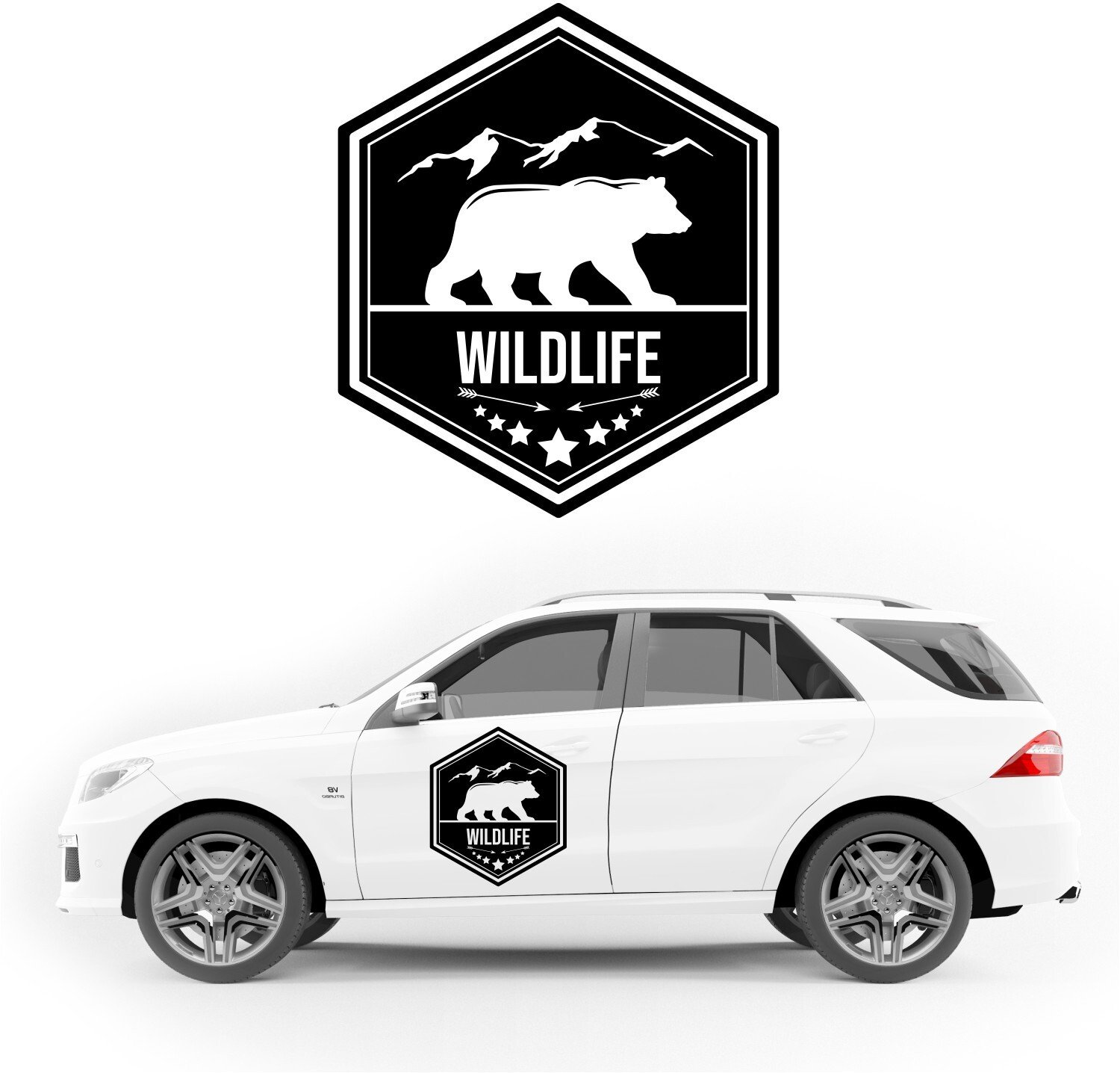 Stabilus NAKLEJKA NA BOK AUTA dekoracyjna wodoodporna sześciokąt wildlife napis niedźwiedź KAMPER przyczepę kempingową camper auto samochód 35 cm