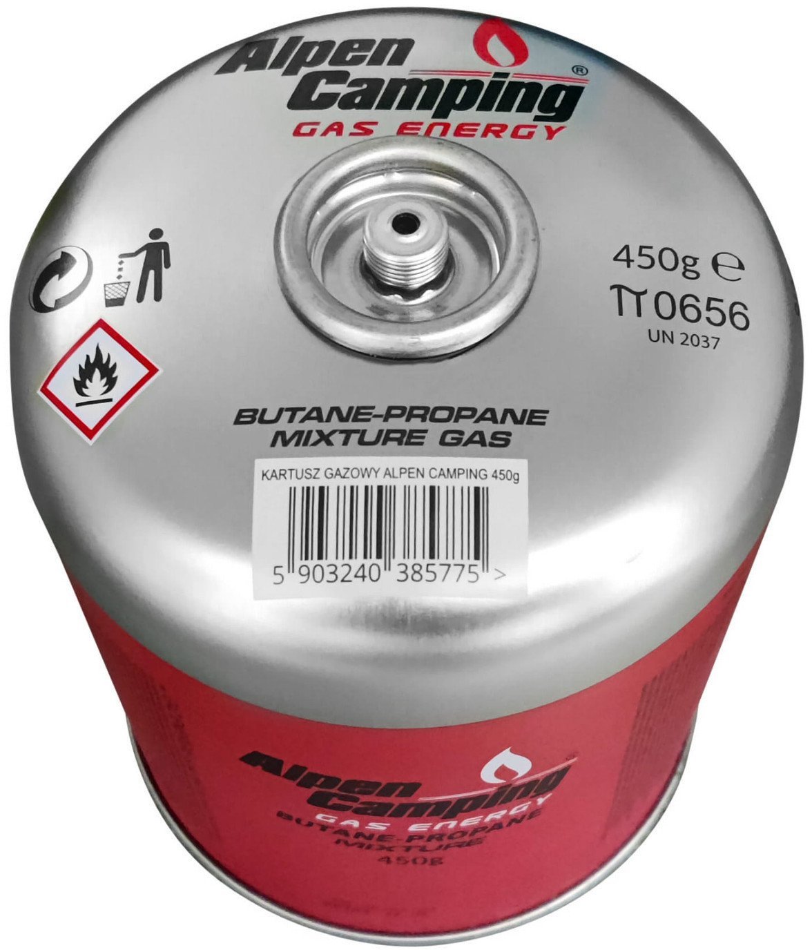 Kartusz gazowy 450g Alpen Camping. certyfikat: Pi 0437, zgodny z EN417, propan-butan, zakres -10°c do+ 40°c, zawór gwintowany 7/