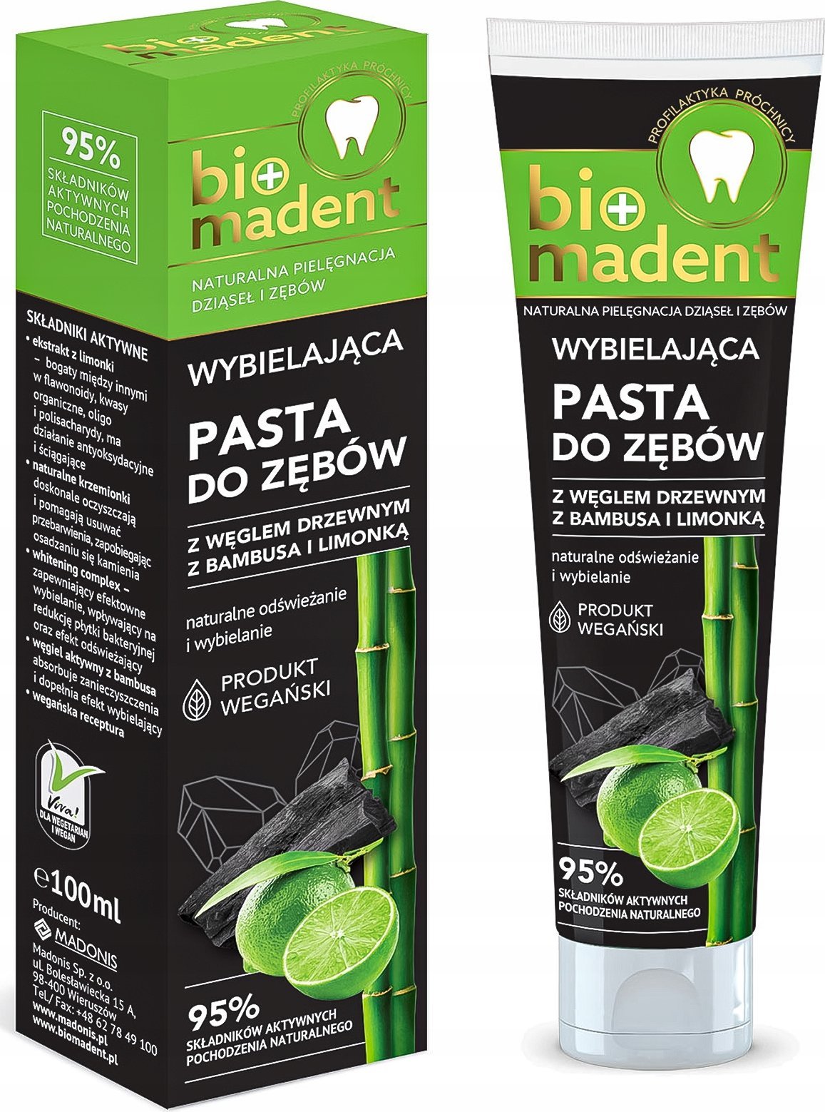 Ecodenta Bio* Madent Wybielająca pasta do zębów z węglem drzewnym z bambusa i limonką 100ml