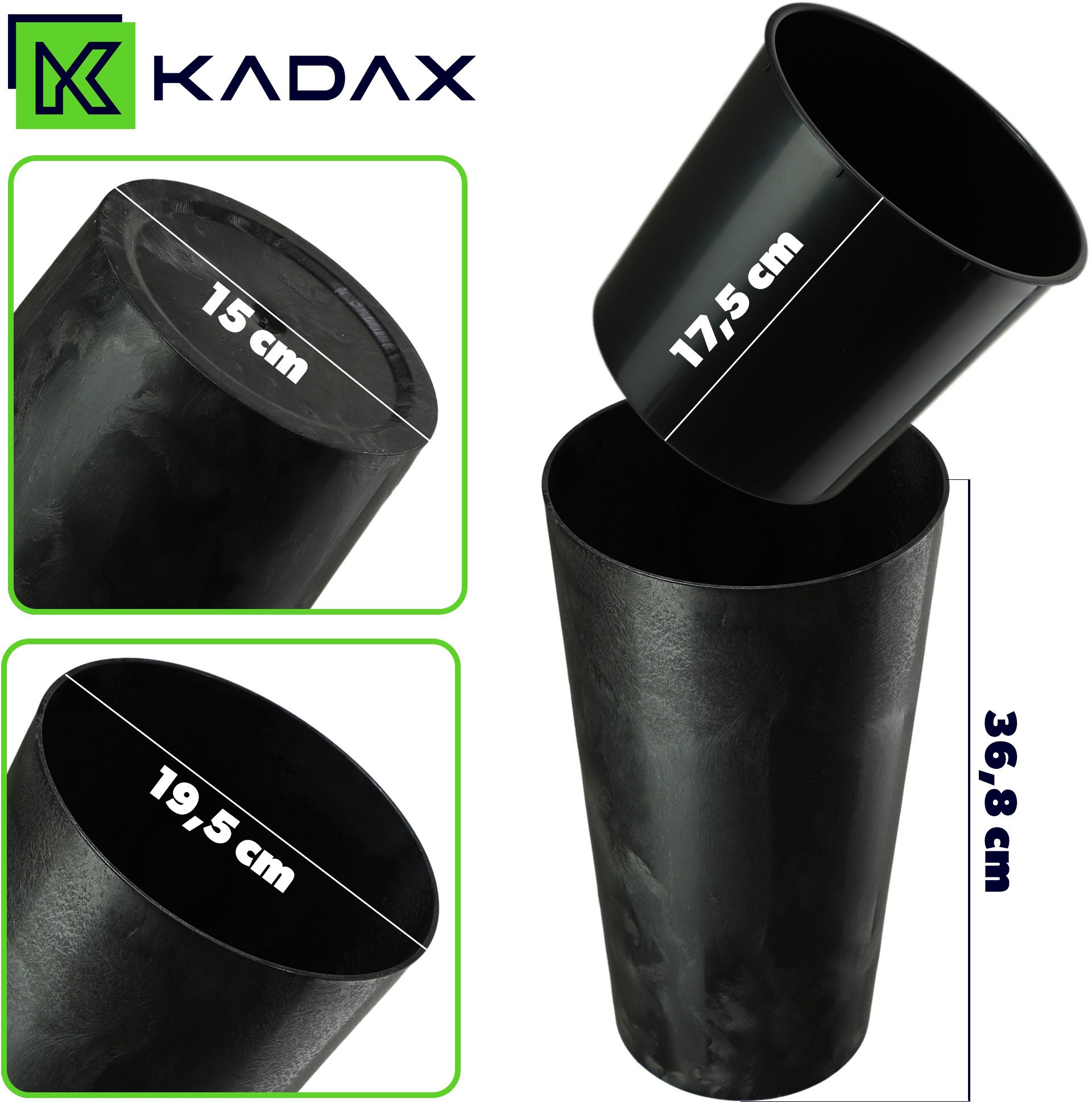 KADAX Doniczka Donica Na Kwiaty 36cm Osłonka Z Wkładem Kwietnik Plastikowa Czarna