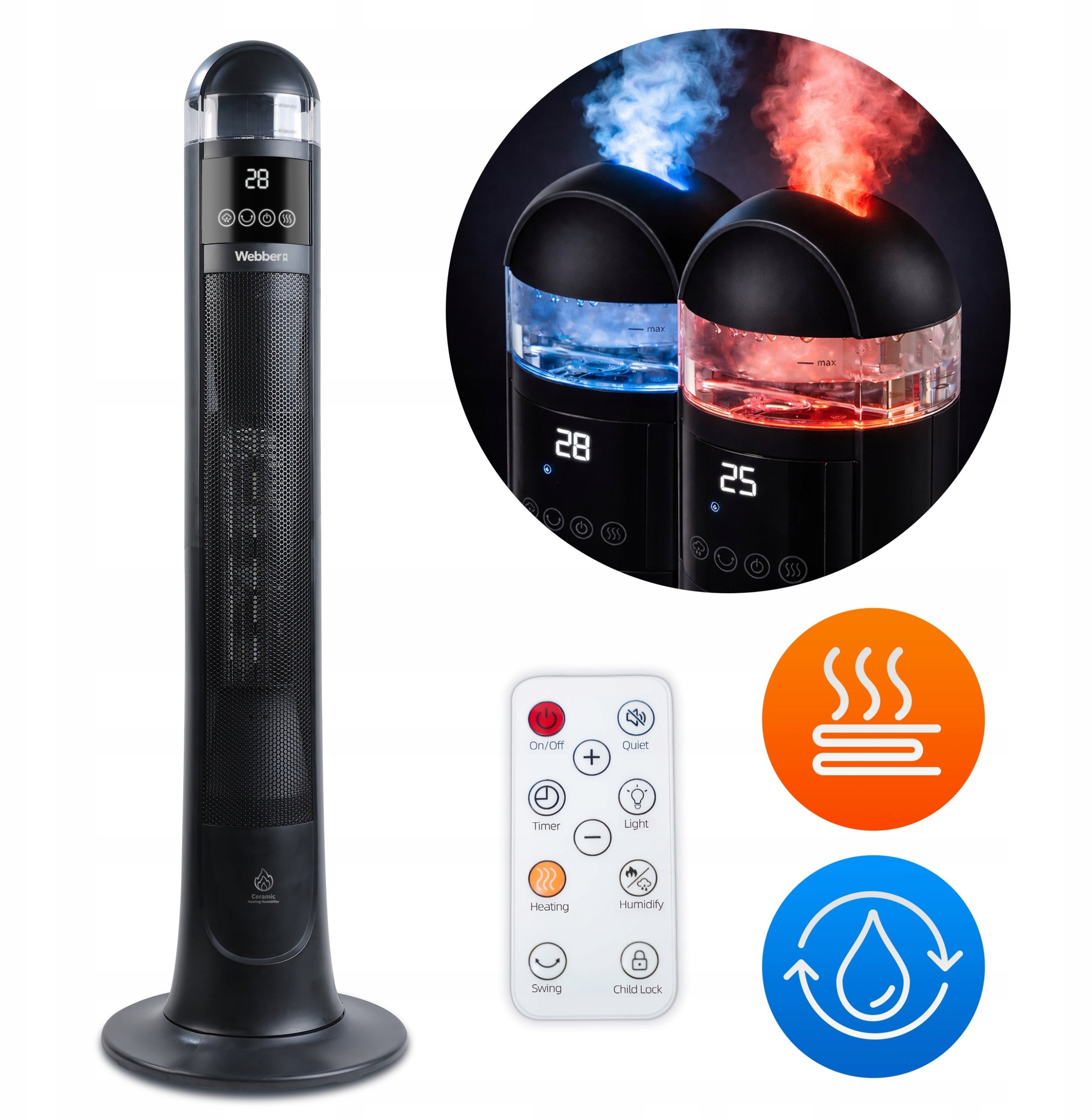 Webber ETNA TH2200B Grzejnik ceramiczny kolumnowy z nawilżaczem