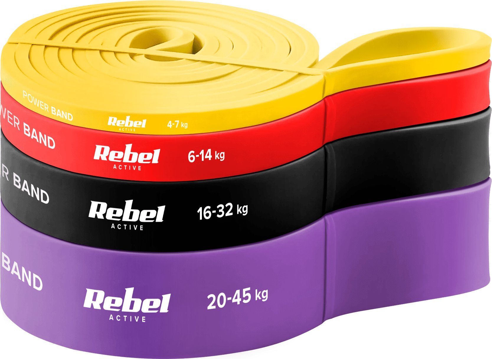 Rebel Zestaw gum do ćwiczeń lateksowy - Power Band PLs-2, 4-45 kg, 4 gumy, REBEL ACTIVE