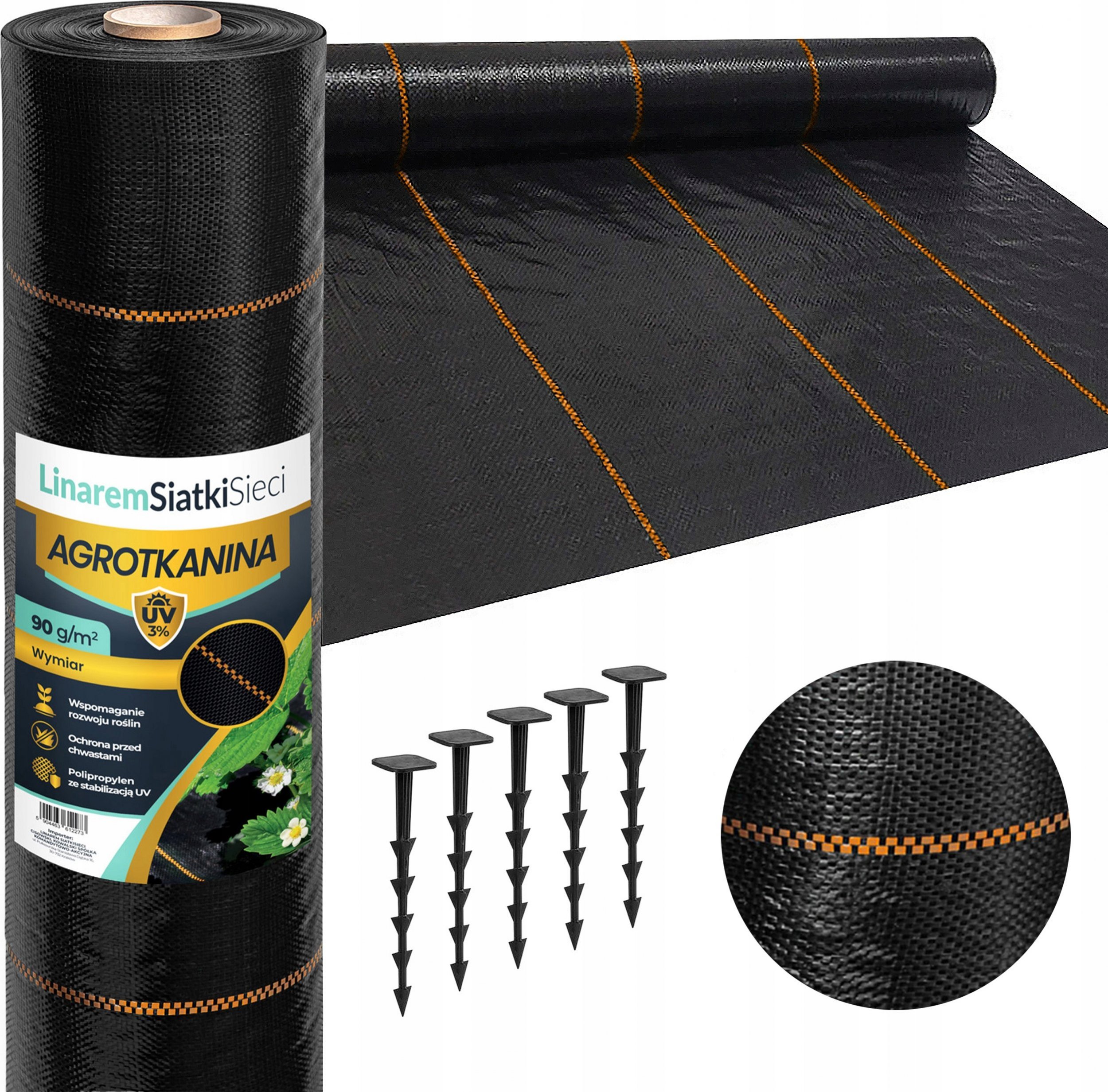 Linarem SiatkiSieci AGROTKANINA 1,1x50m 90g CZARNA AGROWŁÓKNINA UV 3% ANTYCHWASTOWA + KOŁKI