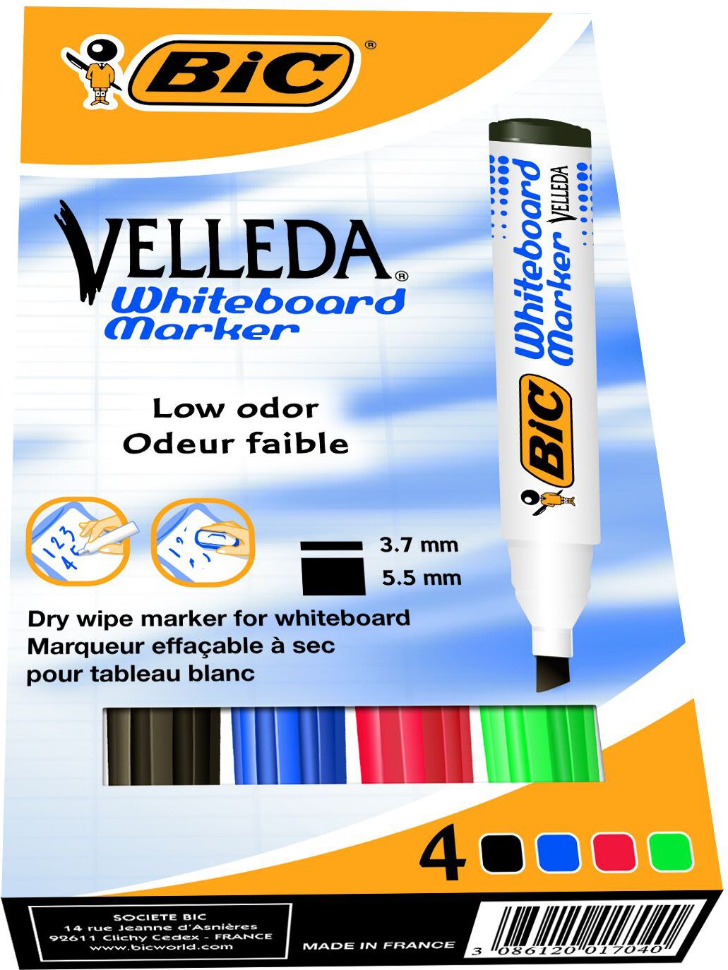 Bic markery suchościeralne Velleda, ścięta końcówka, 4 kolory