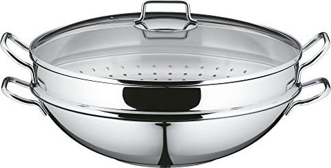 Patelnia WMF Zestaw woków imprezowych WMF, sztuki 4, patelnia wok z pokrywką, 36 cm, amortyzator 4,5l, stojak do przechowywania, wkładka amortyzatora