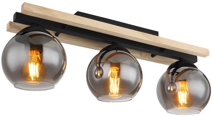 Lampa sufitowa Globo CONNI czarny mat drewno naturalne szkło przydymione