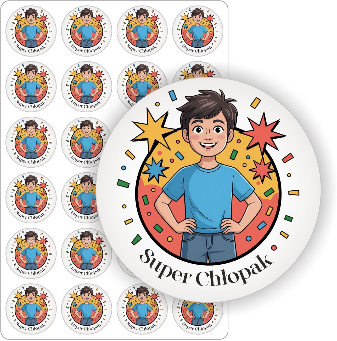 Stabilus Naklejki nalepki okrągłe arkusz etykiet super chłopak DZIEŃ CHŁOPAKA szkoły przedszkola 24 szt. 5 cm (E-CHL_09_C5)