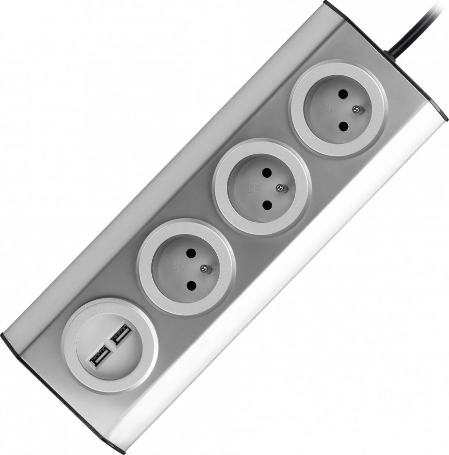 Orno Gniazdo meblowe, kuchenne z ładowarką USB, montowane na rzepy z przewodem 1,5m - 3x2P+Z, 2xUSB, INOX z przewodem 1,5m.