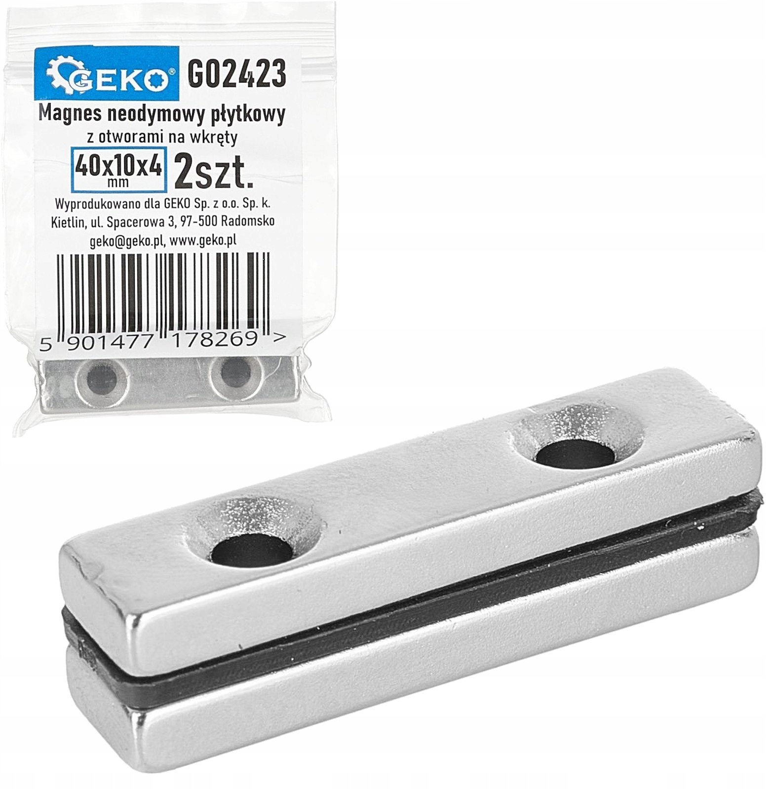 Geko Magnes neodymowy płytkowy z otworami na wkręty 40x10x5mm 2szt(2)