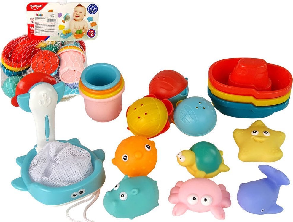 LeanToys Zestaw Do Kąpieli Zabawki Morskie Podbierak Łódki 17 Sztuk