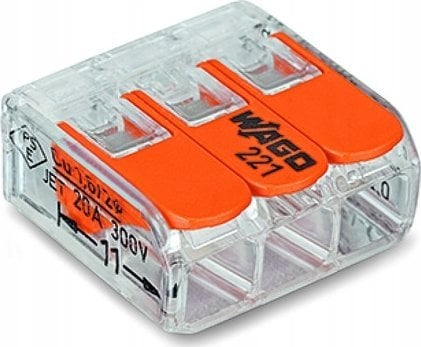 Szybkozłączka Szybkozłączka Wago 3x0,2-4mm2 transparentna / pomarańczowa 221-413 blister 12szt (0221-0413/0996-0012) 221-413/995-012