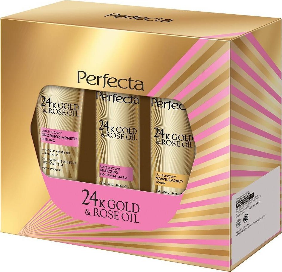 Perfecta 24K Gold & Rose Oil peeling 75g + tonik 200ml + mleczko do demakijażu 200ml