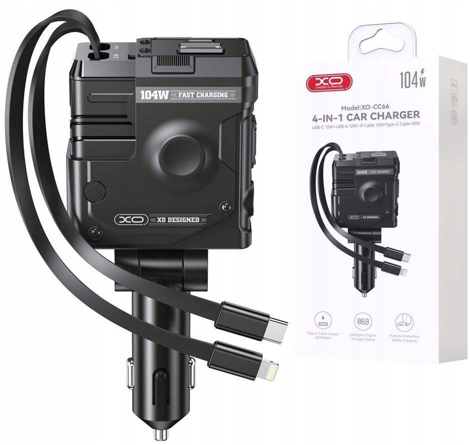 XO ładowarka samochodowa CC66 104W 1x USB 1x USB-C czarna z kablem USB-C i kablem Lightning