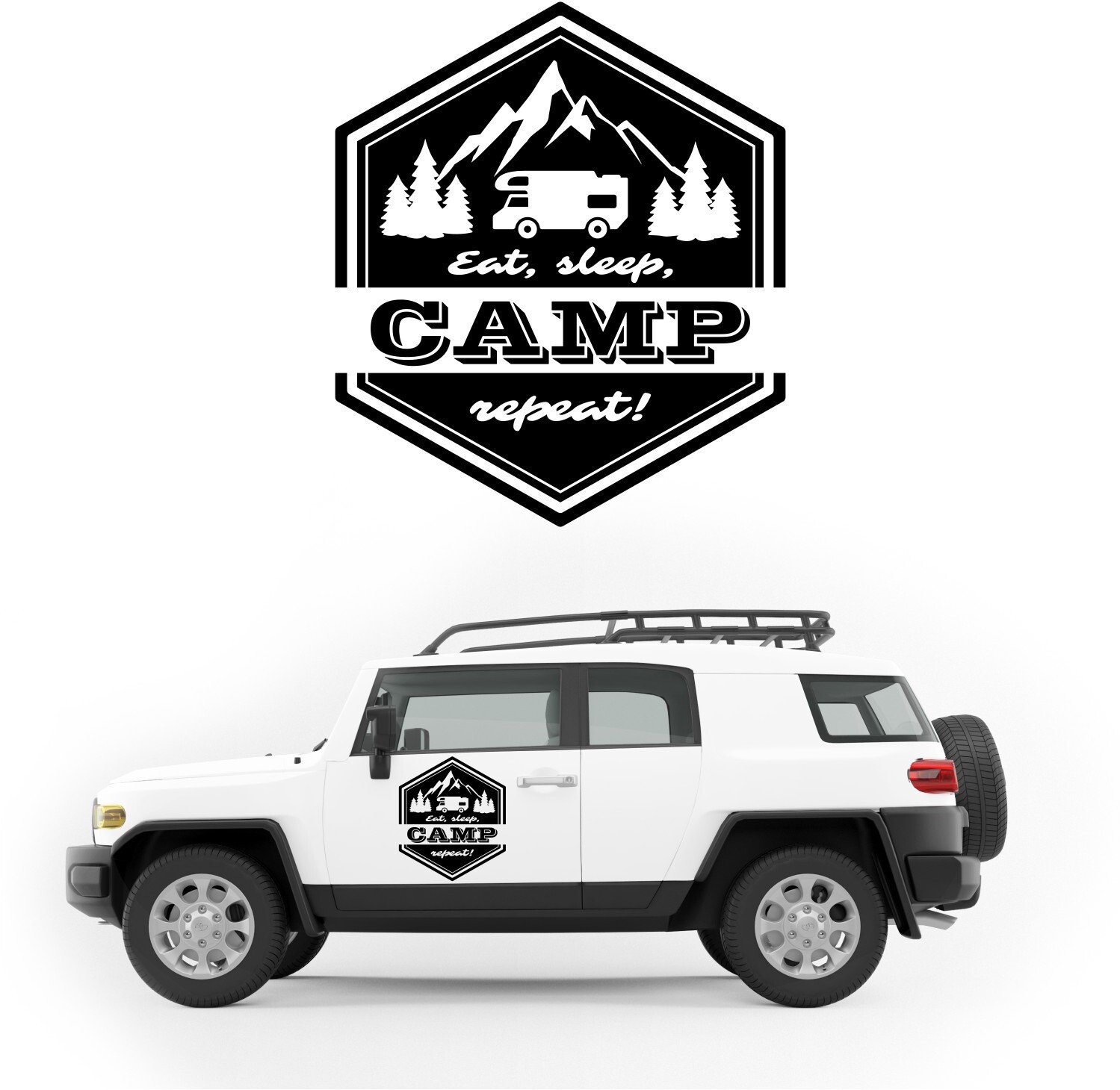 Stabilus NAKLEJKA NA BOK AUTA dekoracyjna wodoodporna sześciokąt góry las napis KAMPER przyczepę kempingową camper auto samochód 50cm