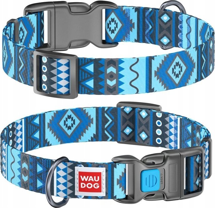 Collar WAU DOG OBROŻA NYLON Z ADRESÓWKĄ QR 25mm/33-49cm ETNO NIEBIESKI