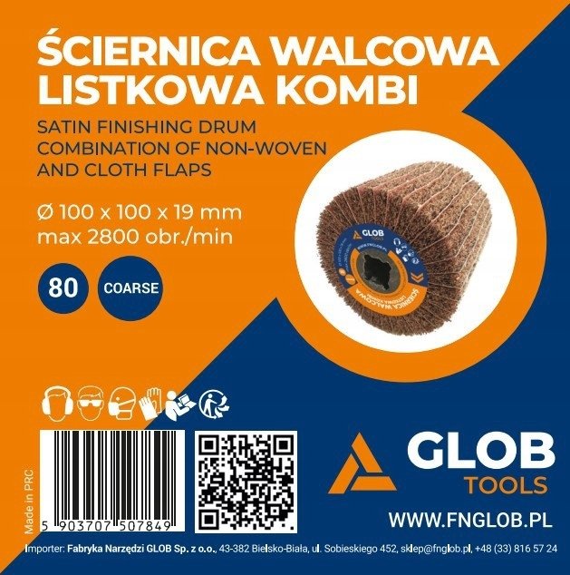 Glob Ściernica walcowa listkowa GLOB TOOLS kombi 100x100x19mm Satyniarka