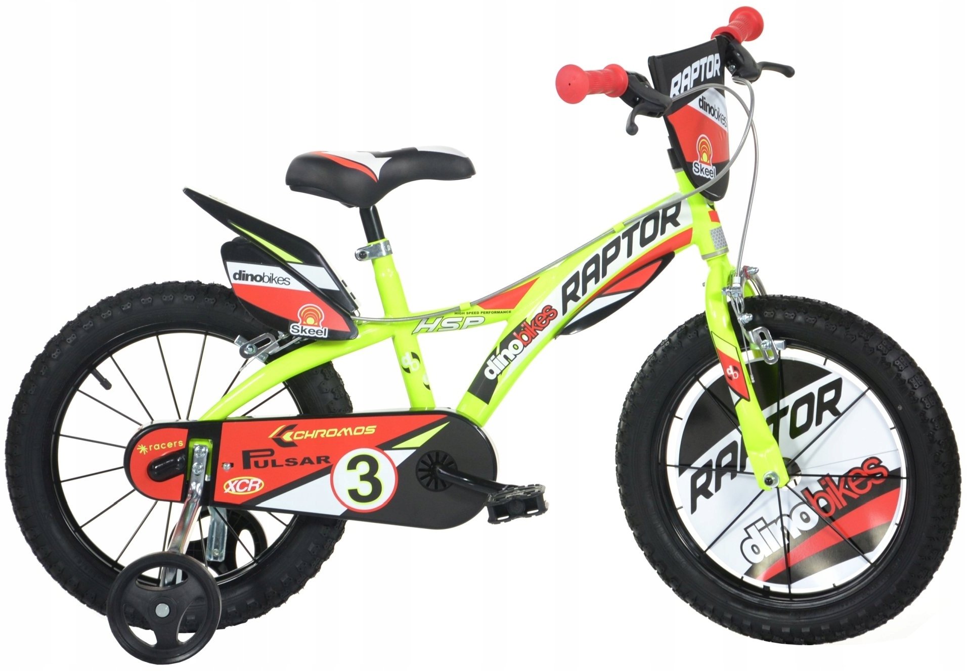 Kubisport Rowerek dziecięcy 16 cali Raptor żółty kółka boczne hamulec Dino Bikes (Kub_05-CSK5163K-ZL...