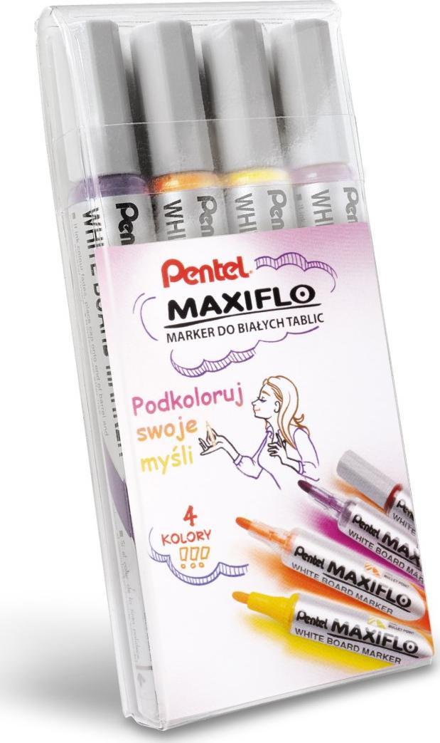Markery suchościeralne MAXIFLO (4 sztuki) fiolet/brąz/żółty/pomarańczowy MWL5S-4W-EFGV PENTEL komple...