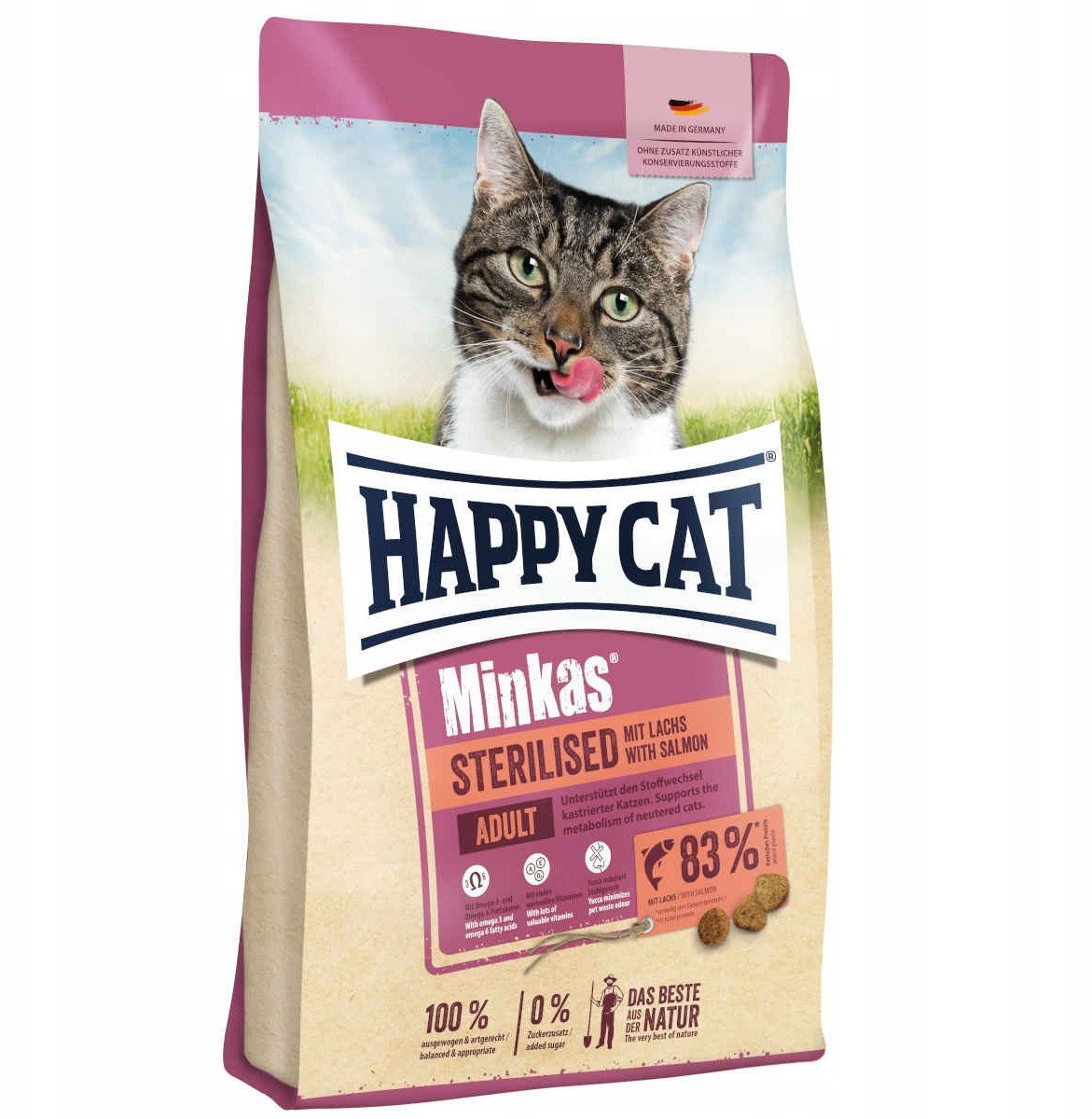 Happy Cat Minkas Sterilised łosoś, karma sucha, dla dorosłych kotów po sterylizacji, łosoś, 1,5 kg