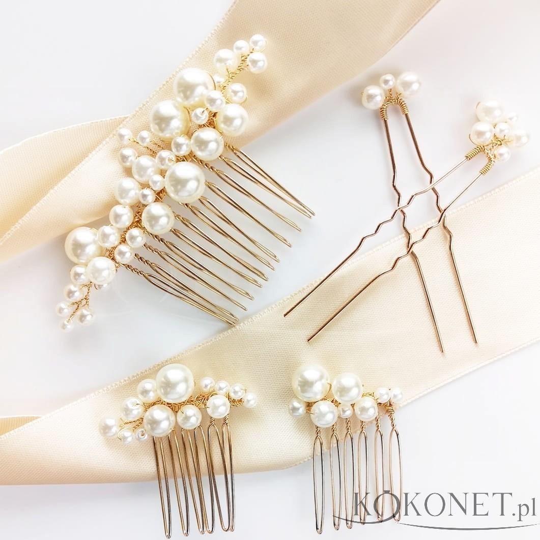 KOKONET Perłowe ozdoby do włosów śłubne złote klasyczne