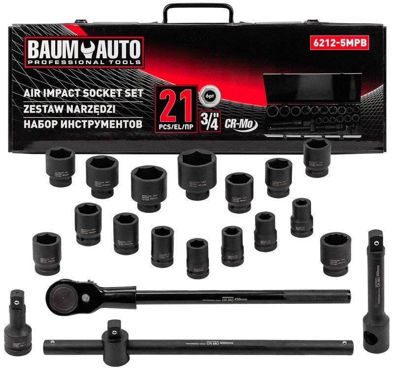 Klucze nasadowe udarowe 3/4'' 21el 6-kątnych 17-50mm walizka