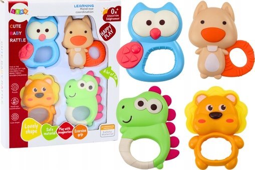 LeanToys Zestaw Grzechotek Gryzaków Zwierzątka Kolorowe Pastelowe 4 Szt