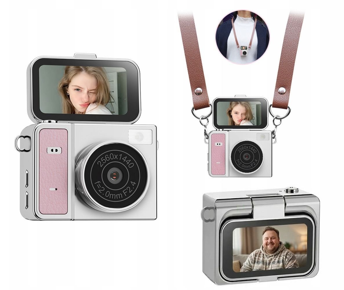 Aparat cyfrowy Xrec Mini Aparat Kamera Retro Video 2k Wisiorek Breloczek Obrotowy Ekran / Xrec X7 / Różowo - Szary