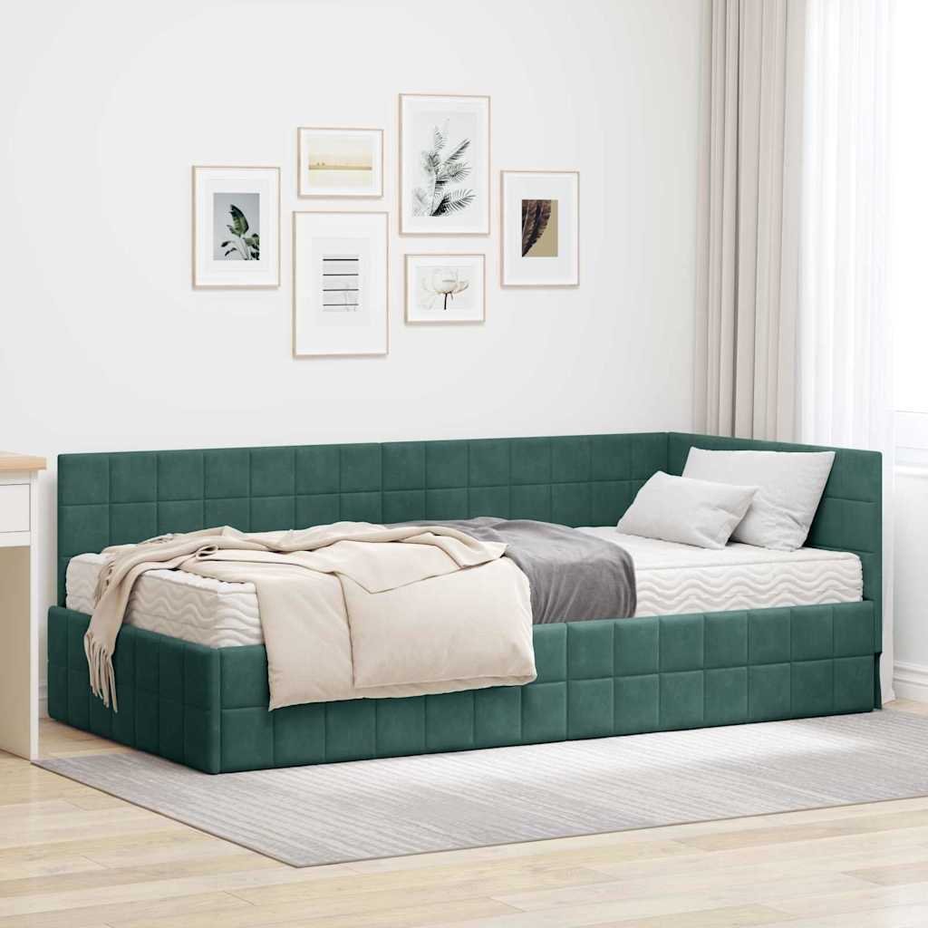 vidaXL Rama Łóżka Narożnego z Materacem 2 pcs Zielony Aksamit
