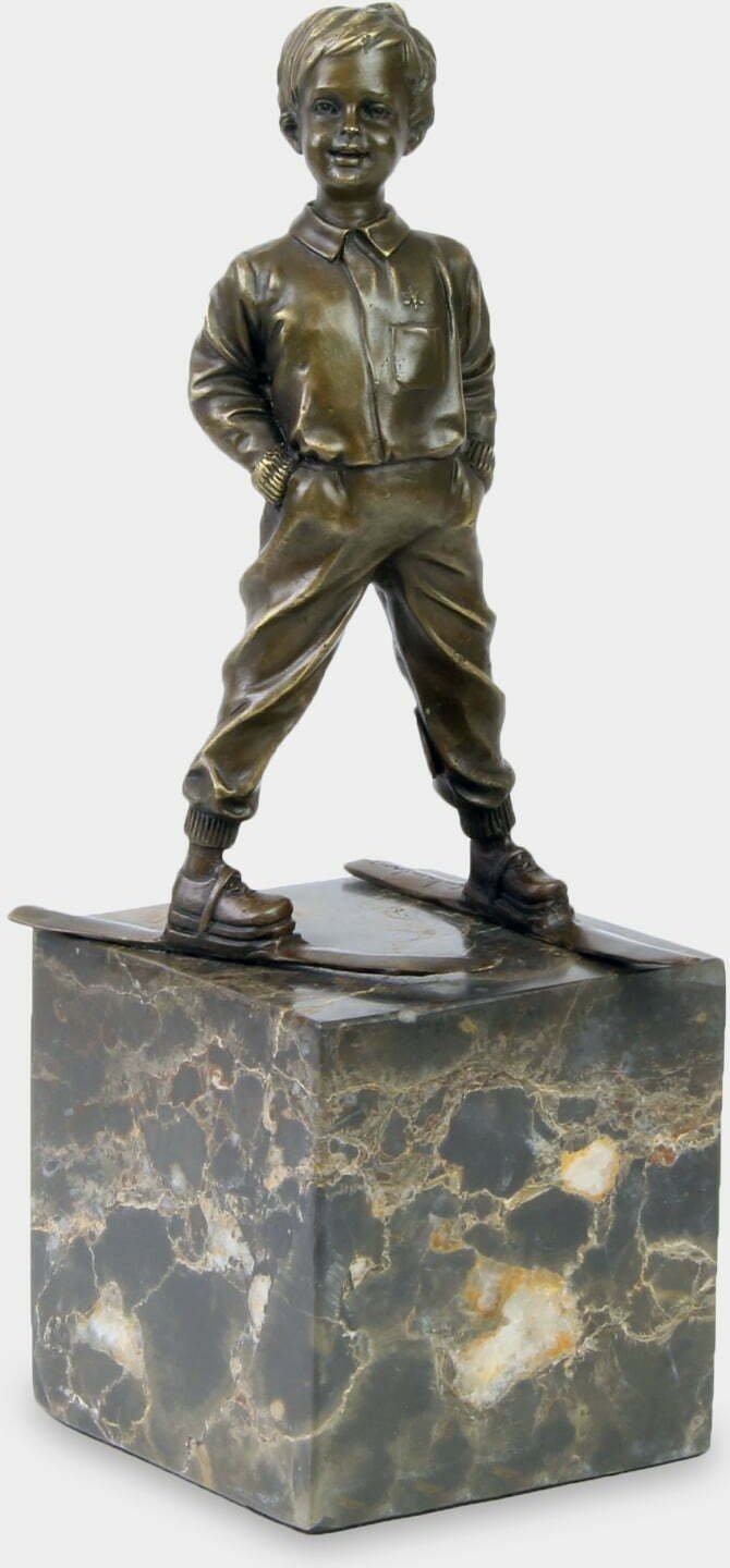 rzezbyzbrazu Chłopiec na Nartach Rzeźba Brąz na Marmurowej Podstawie