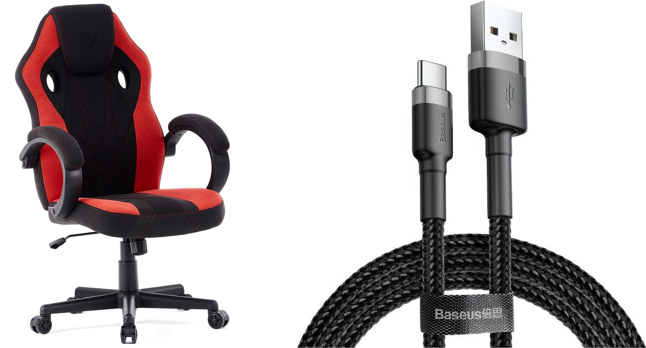 Fotel SENSE7 Prism materiałowy czarno-czerwony + kabel usb