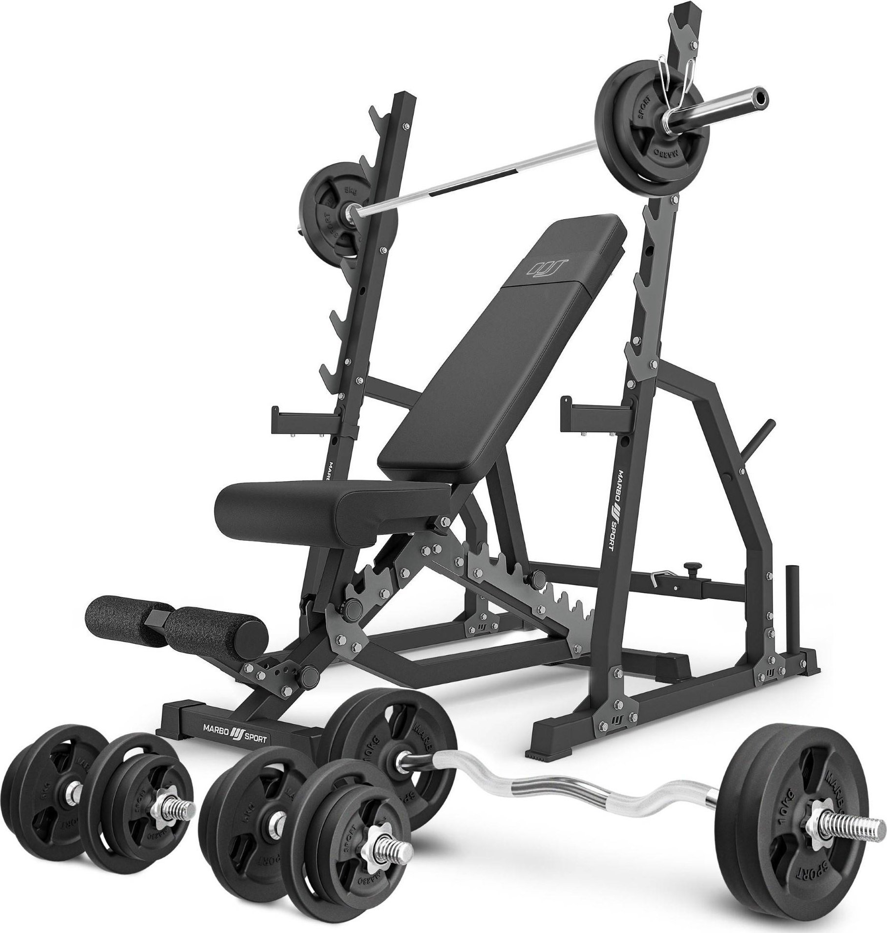 Zestaw MS3_2.0_113KG | Ławka dwustronna + stojaki bramowe z asekuracją + zestaw gryfów i obciążeń 113 kg - Marbo Sport