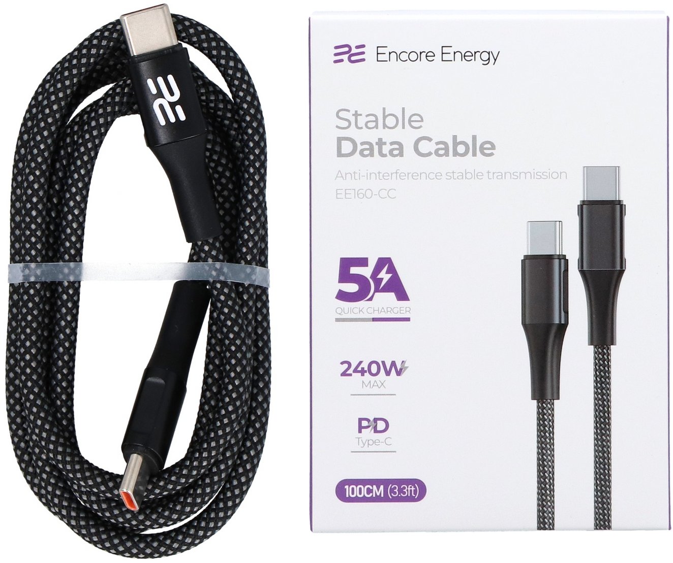 Kabel USB ForCell kabel Encore Energy USB-C x2 5A przewód QC PD 240W do ładowania i transferu danych 100 cm braided szary EE160-CC