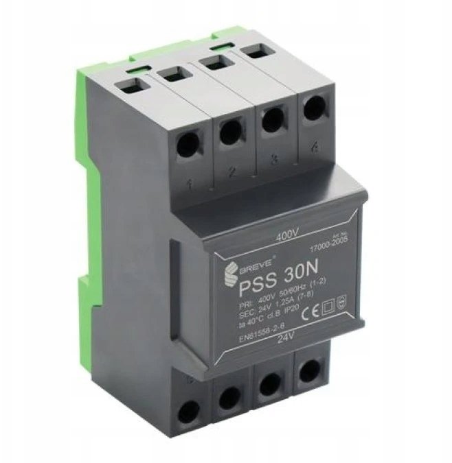 BREVE Transformator 1-fazowy modułowy bezpieczeństwa PSS 30N 400/ 24V 1,25A na szynę DIN IP20 Ta 40