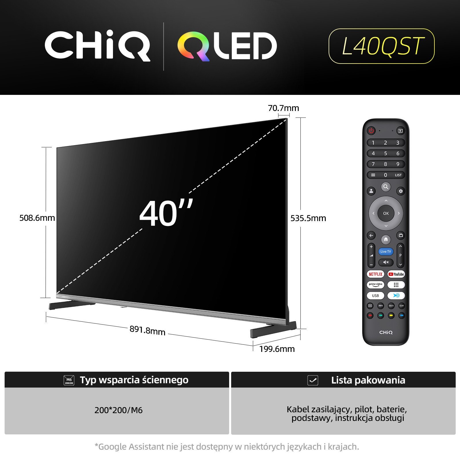 Telewizor CHiQ L40QST TV 40", QLED, Full HD, Google TV, Frameless, Dolby Audio, dbx-tv, HDR 10