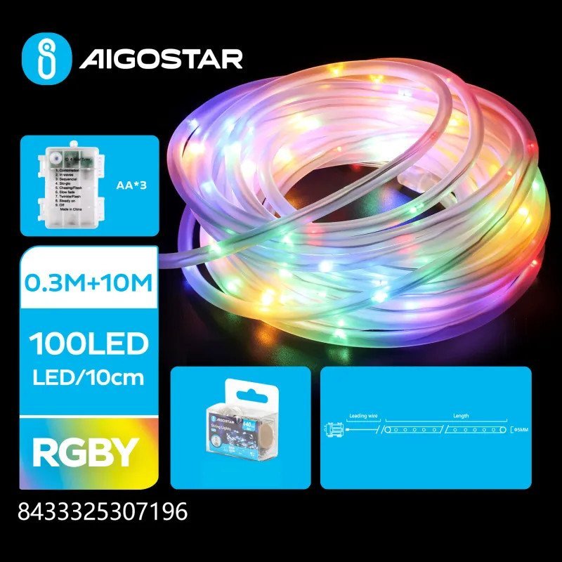 Aigostar Wężyk led 10mb kolorowy sznur 100 led RGBY 5mm na baterie 8 funkcji Wężyk led 10mb kolorowy sznur 100 led RGBY 5mm na baterie 8 funkcji