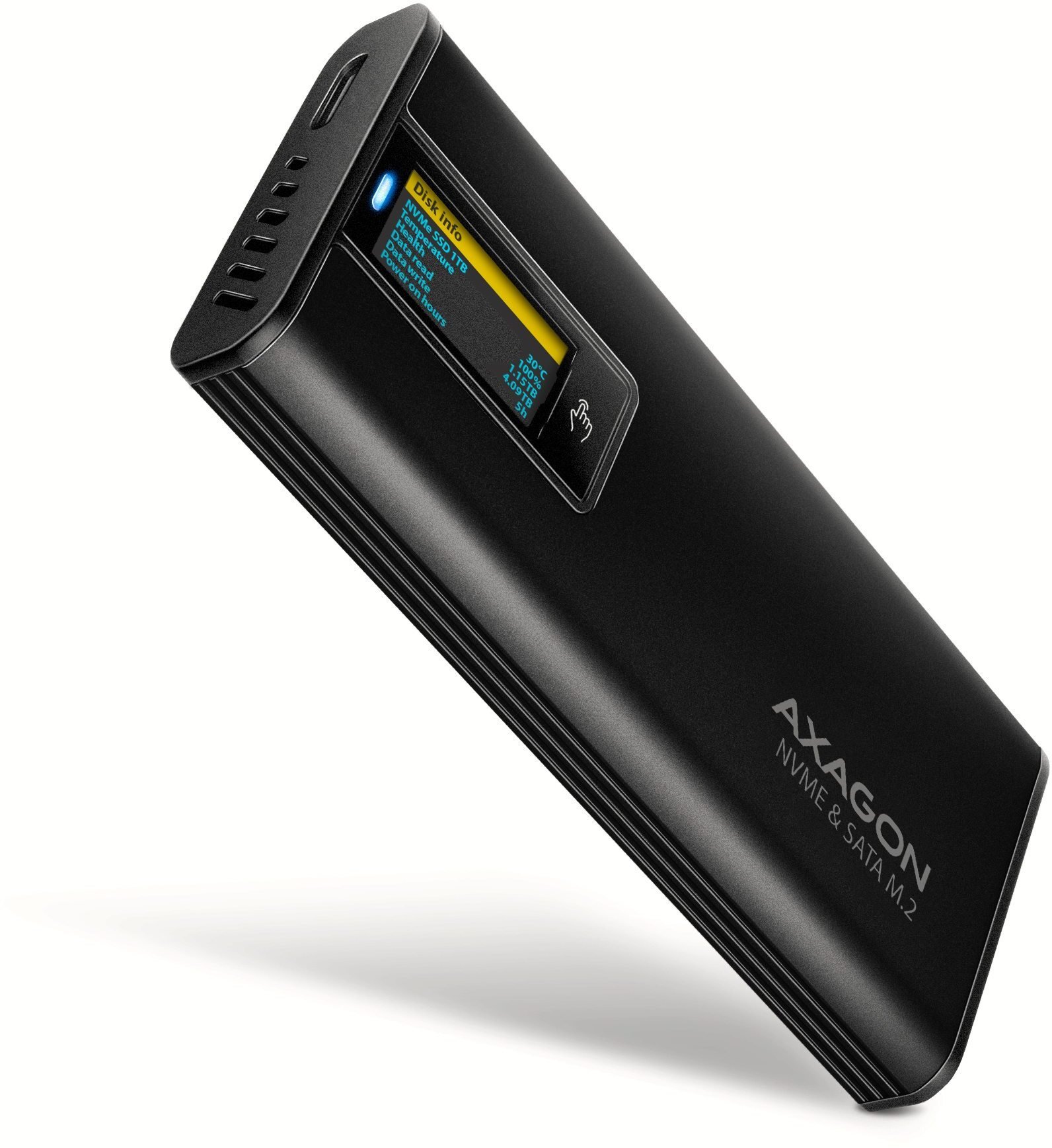 Kieszeń Axagon USB-C 10Gbps zewnętrzna kieszeń z wyświetlaczem na M.2 NVMe/SATA SSD, beznarzędziowa,...