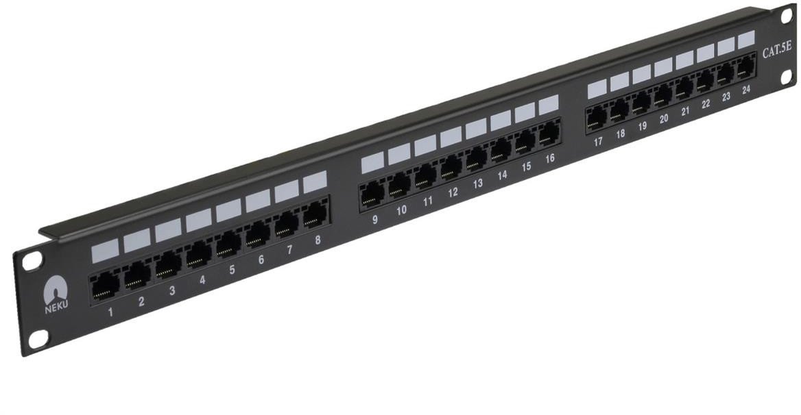 Patch panel RACK 19 kat.5e 24p UTP z półką 1U czarny NEKU
