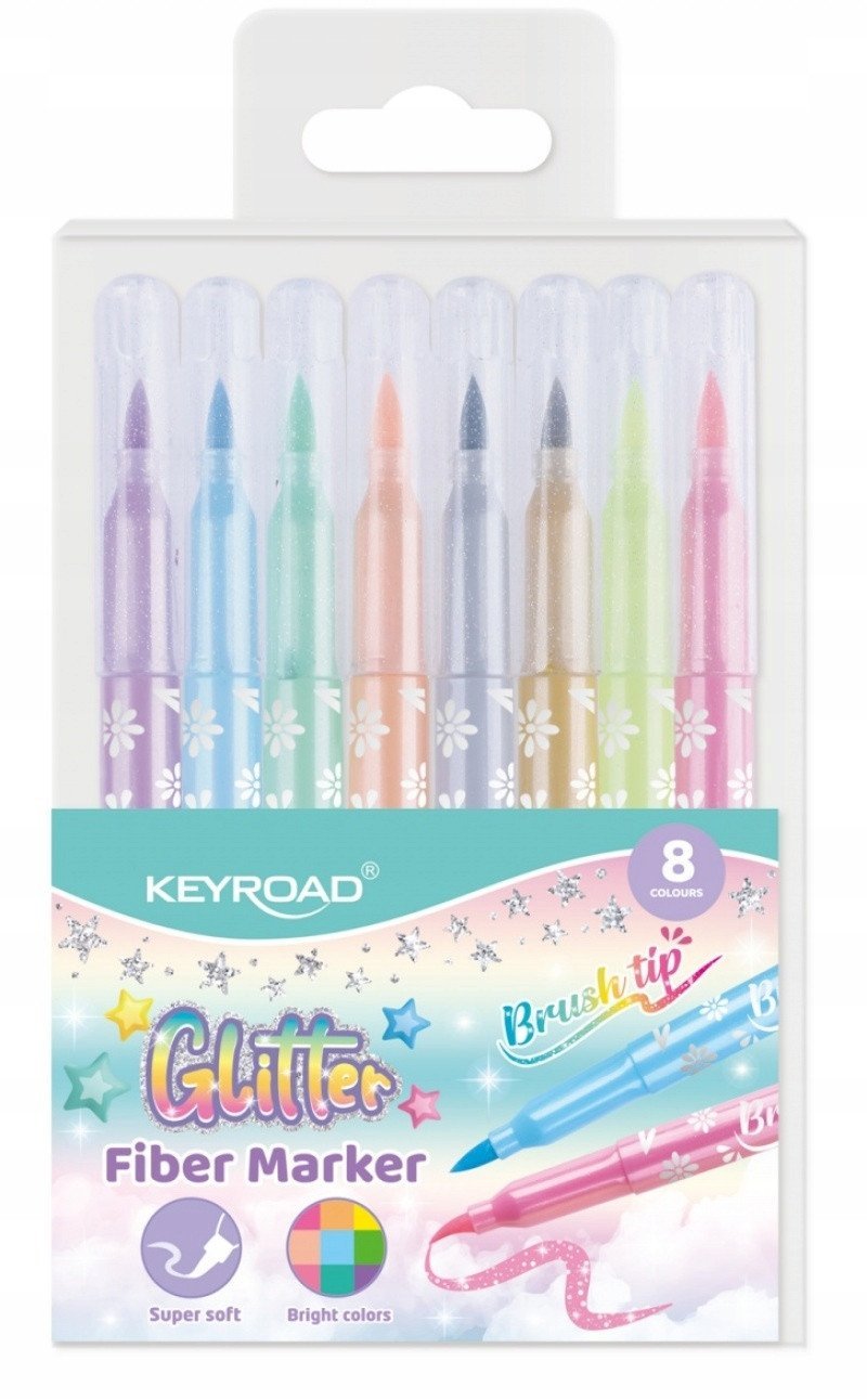 Keyroad Flamastry KEYROAD Fiber Marker Glitter, zakończone pędzelkiem, brokatowe, 8 szt., mix koloró...
