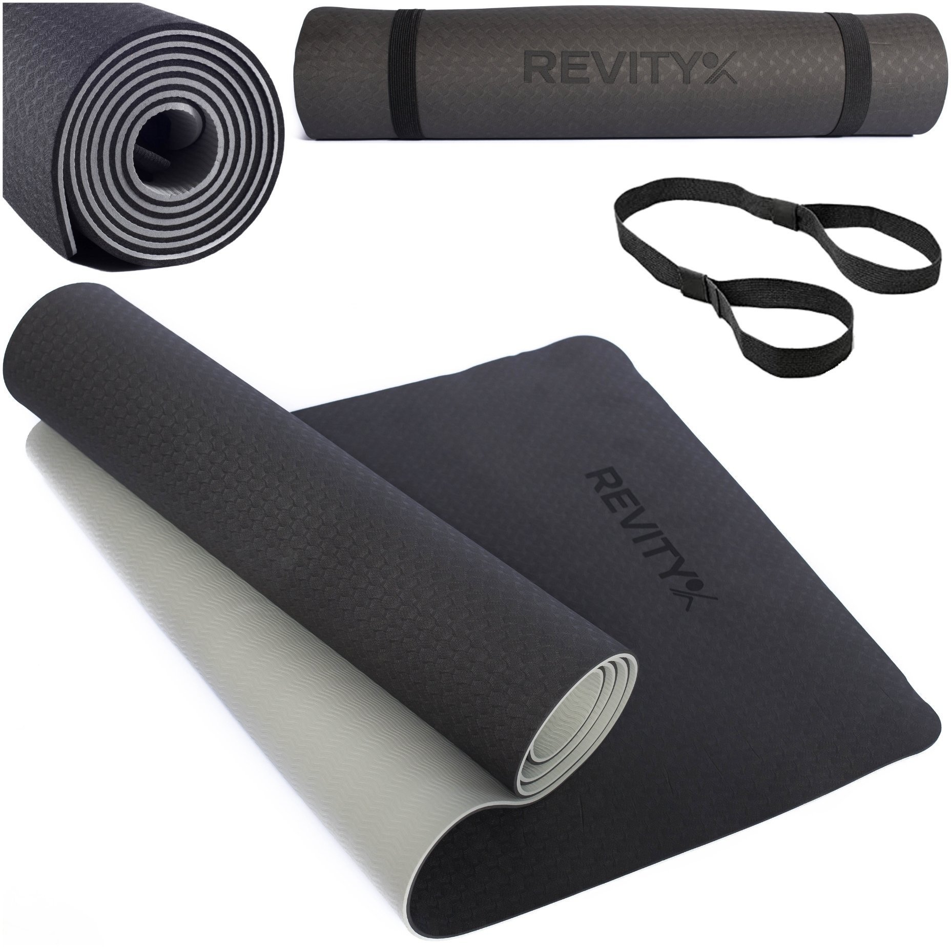 Revity Mata treningowa do jogi ćwiczeń fitness pilatesu 183 cm x 61 cm x 6 mm (TM-BLACK-TPE-181)