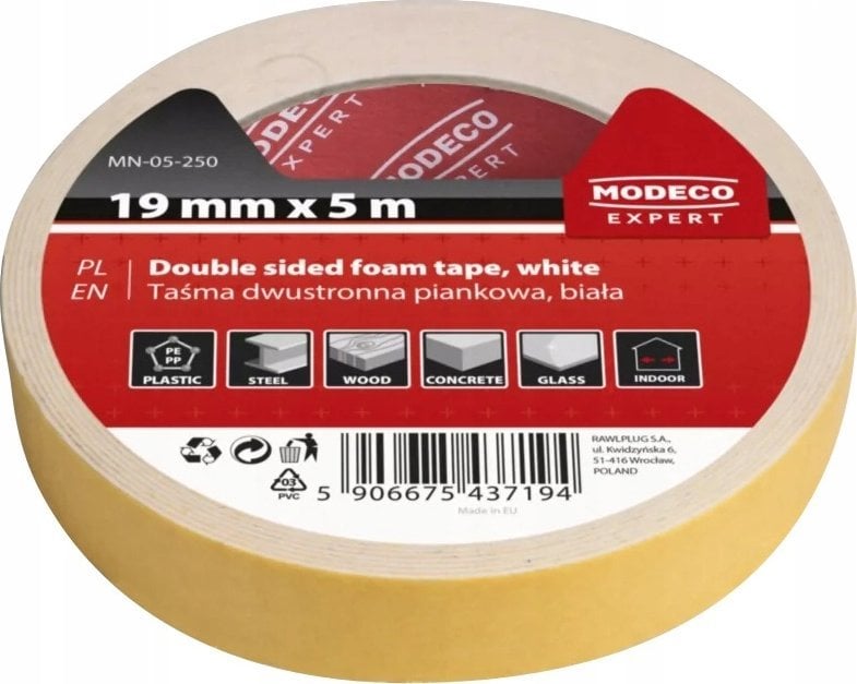EXPERT TAŚMA DWUSTRONNA PIANKOWA BIAŁA 19 MM X 5 M [] - 1sz