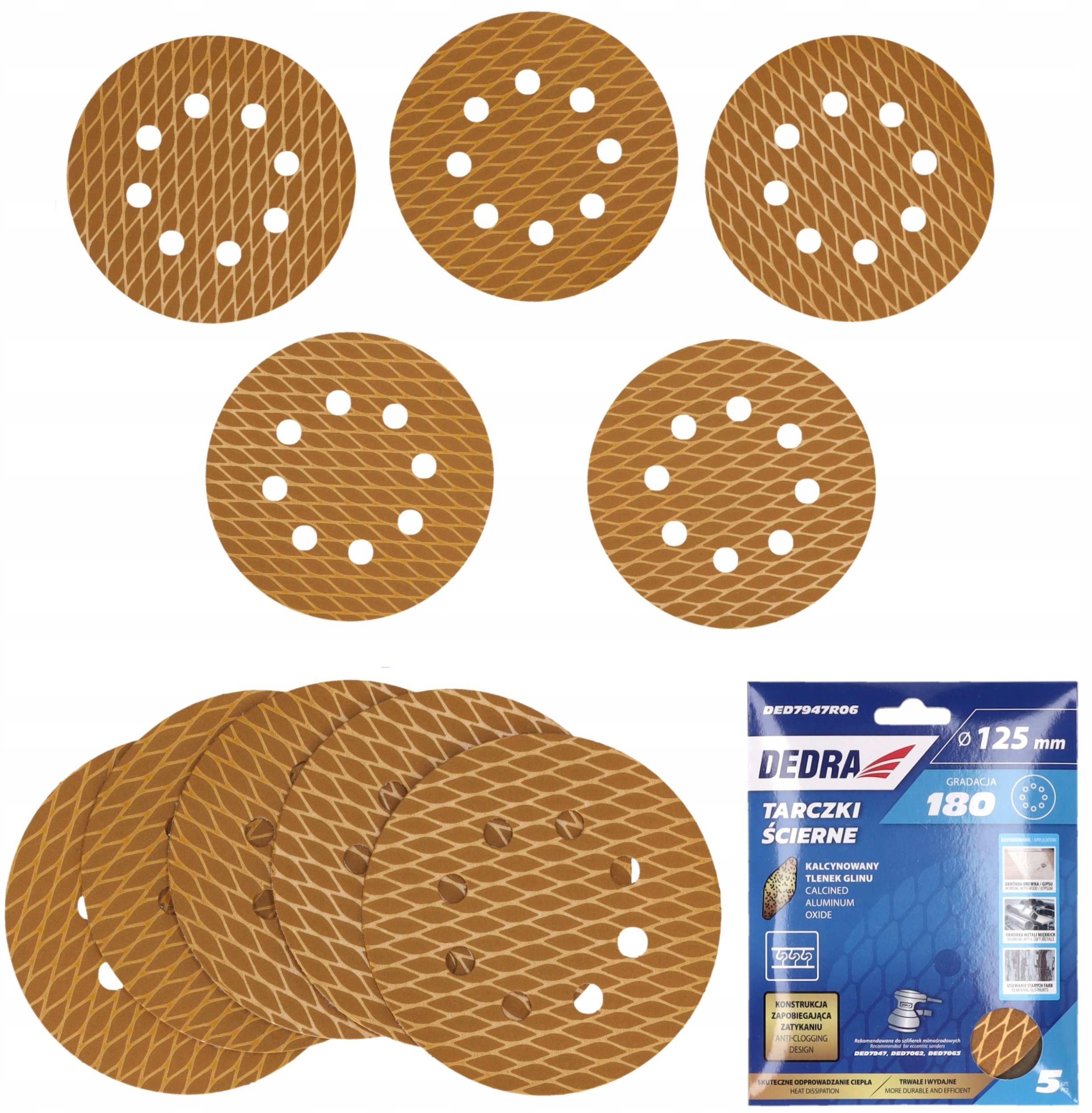 Dedra Tarczki ścierne Anti-clog 125mm, #180, rzep, zestaw 5szt