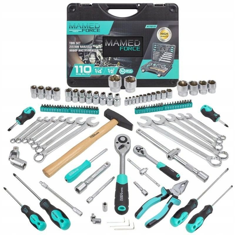 Zestaw Komplet Narzędziowy narzędzi nasadki klucze bity 110el 1/4'  1/2' 5-32mm 6-kątnych MAMEDFORCE