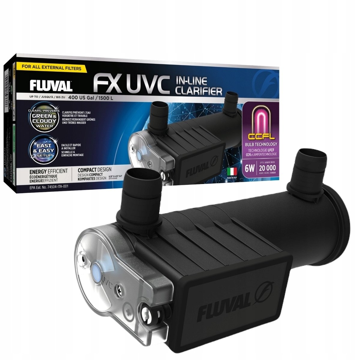 Fluval FX UVC In-Line Clarifier, sterylizator, 13 x 29,5 x10,5 cm, 6W, max.1500L, do filtrów FX i serii 7
