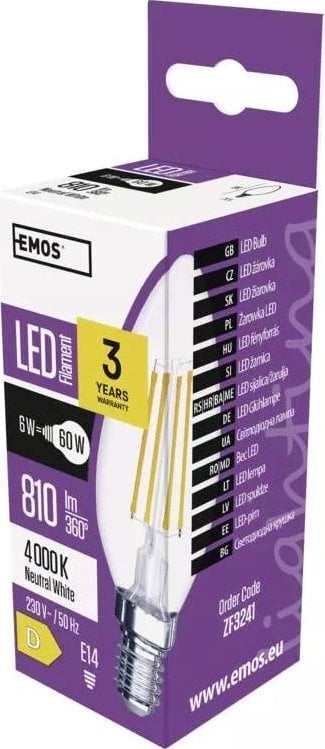 Emos Żarówka LED 6W (60W) E14 świeczka filament 810lm 4000K neutralna ZF3241