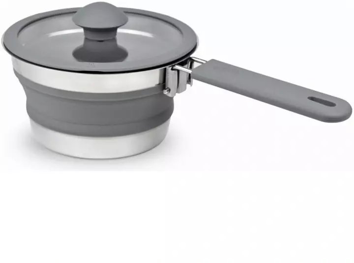 PLATINET SILICONE FOLDABLE CAMPING COOCKING SAUCEPAN POT WITH LONG HANDLE RONDELEK SILIKONOWY SKŁADANY DŁUGI UCHWYT 1 L GREY