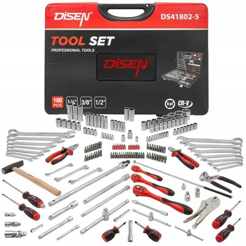 Zestaw komplet narzędzi walizka nasadki bity głowice grzechotki klucze 180el 1/4' 3/8' 1/2' 4-32mm 6-kątnych DISEN